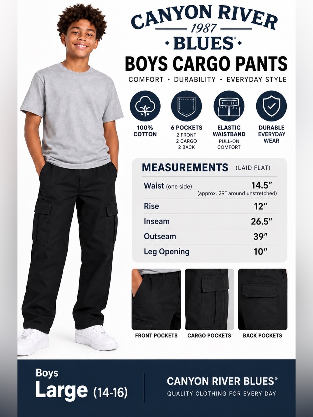 Boys L 14-16 Black Cargo Pants 100%Cotton 6 Pocket Elastic Waist Pull On Fit NWT - Picture 2 of 13